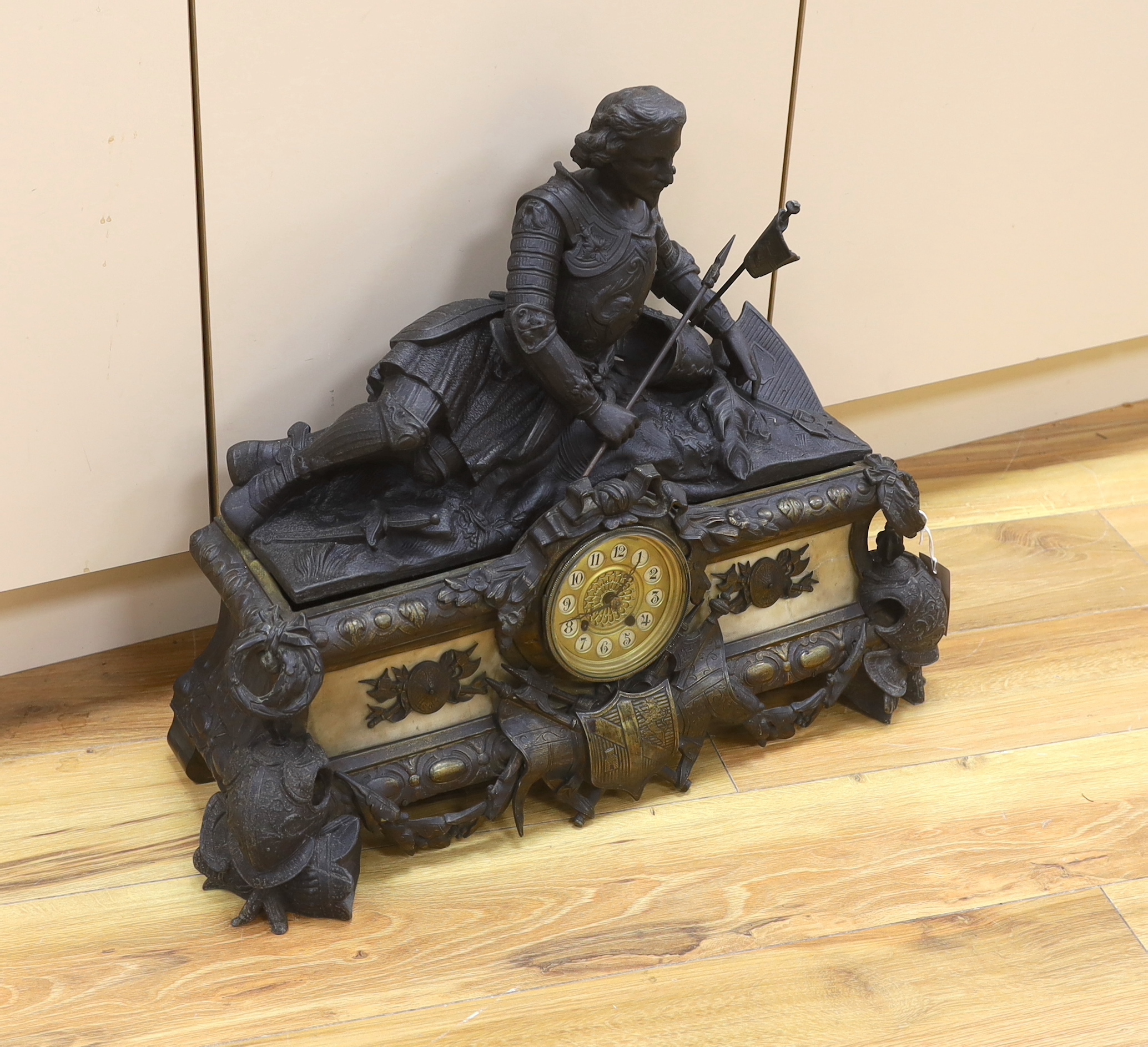 A French spelter and marble figural mantel clock, 52cm tall